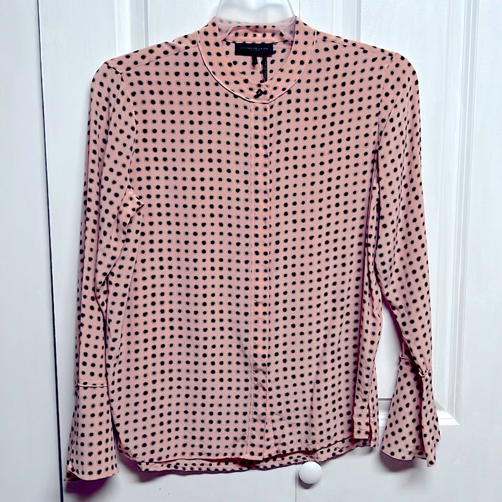 Donna Karan Pink Brown Polka Dot Long Bell Sleeve Chiffon Silk Top Size S